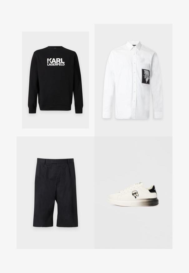 Sweat-shirt noir à col rond avec manches longues et logo texte blanc "KARL LAGERFELD" centré sur la poitrine.; Chemise blanche à manches longues boutonnée avec un col classique et un patch portrait de profil noir et blanc sur le côté gauche de la poitrine.; Shorts noirs sur mesure longueur genou avec passants pour ceinture et plis à l'avant, posés à plat sur un fond gris clair.; Baskets blanches avec une tige en cuir lisse, accents noirs au niveau du talon et un logo de dessin animé. Elles présentent une semelle épaisse et légèrement transparente.