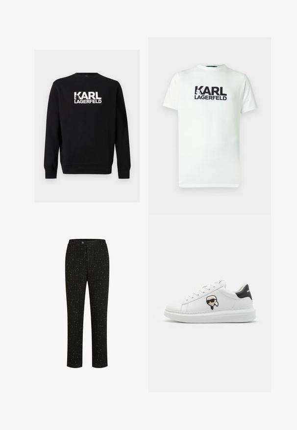 Zwarte crewneck sweater met lange mouwen en een wit "KARL LAGERFELD" tekstlogo gecentreerd op de borst.; Witte katoenen T-shirt met een grote zwarte grafische opdruk met de tekst "KARL LAGERFELD." Ronde halslijn en korte mouwen. Soepele textuur.; Zwarte op maat gemaakte broek met een gestructureerd patroon van dunne verticale witte lijnen, een rechte snit en een knoopsluiting in de taille.; Witte leren sneaker met zwarte hielaccent. Bevat een cartoonpatch van een figuur met een zonnebril. Rond neu en dikke witte zool.