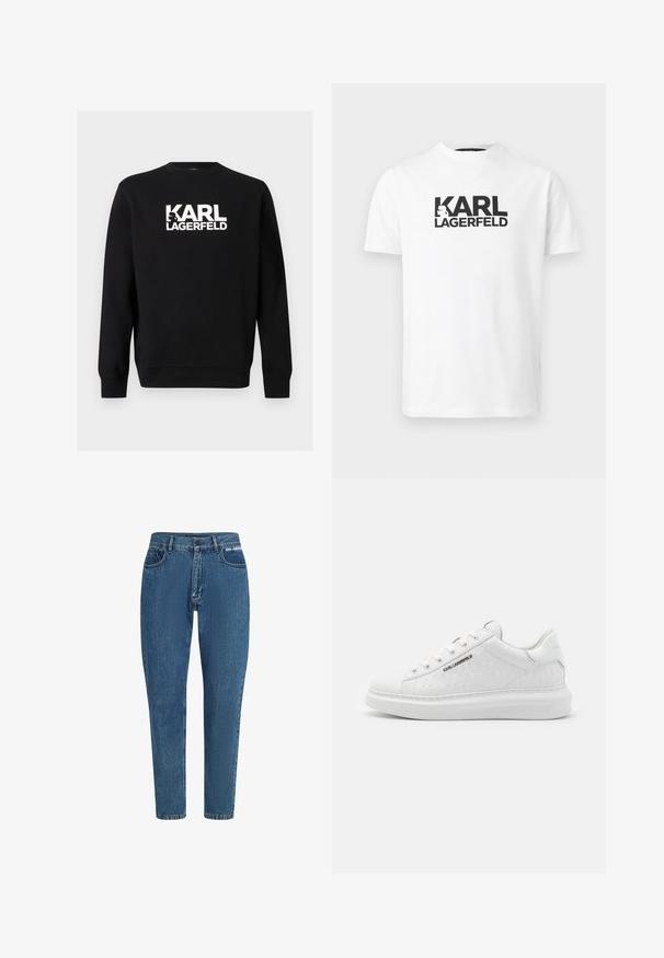 Zwarte crewneck sweater met lange mouwen en een wit "KARL LAGERFELD" tekstlogo gecentreerd op de borst.; Witte T-shirt met korte mouwen en ronde hals, met zwart "KARL LAGERFELD"-schrift en silhouetlogo gecentreerd op de borst.; Blauwe denim jeans met een hoge taille en rechte pijpen. Kenmerken zijn onder andere het klassieke vijf-pocket ontwerp, riemlussen en een merkembleem op de tailleband.; Witte sneaker van glad leer met een reliëfpatroon. Heeft een ronde neus, vetersluiting aan de voorkant, en een textuurzool. Zilveren logo detail aan de zijkant.