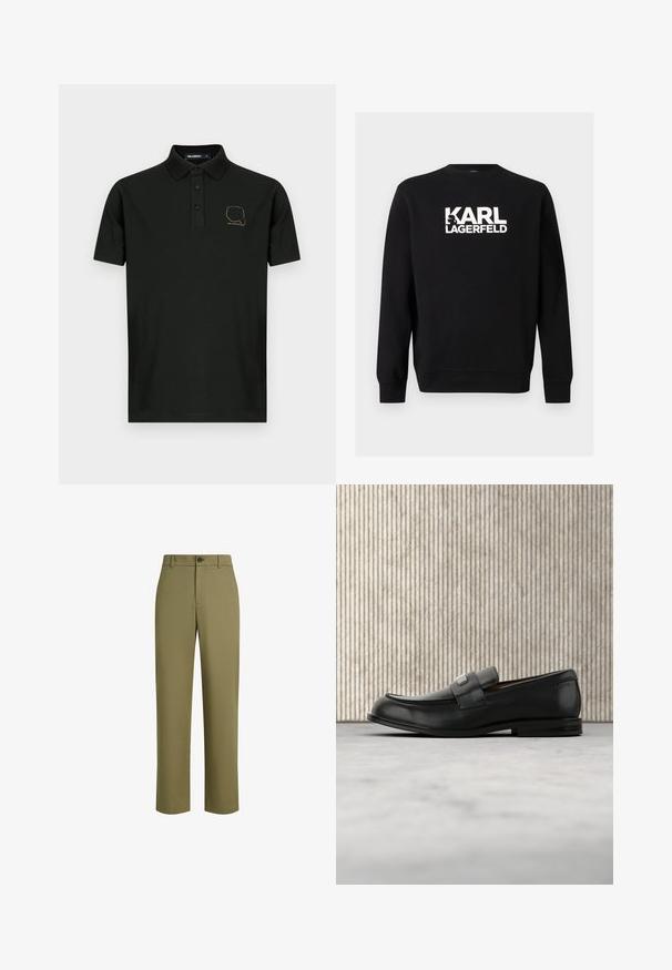 Sweat-shirt noir à col rond avec manches longues et logo texte blanc "KARL LAGERFELD" centré sur la poitrine.; Polo noir à manches courtes avec trois boutons et petit motif doré en contour d'un visage portant des lunettes de soleil sur la poitrine gauche.; Pantalons vert olive en tissu lisse, avec une coupe droite, une fermeture à un bouton, et une texture subtile.; Mocassin en cuir noir avec une plaque de marque en métal reposant près d'une table ronde marron sur un sol recouvert de moquette beige.