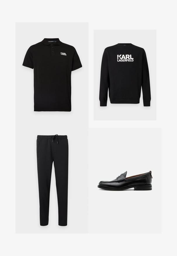Sweat-shirt noir à col rond avec manches longues et logo texte blanc "KARL LAGERFELD" centré sur la poitrine.; Polo noir en coton, avec une patte de boutonnage à deux boutons, manches courtes, et un logo blanc "KARL LAGERFELD" sur la poitrine gauche.; Pantalon de jogging noir à coupe slim avec taille élastique, cordon de serrage et poches latérales, présenté sur un fond clair uni.; Mocassin homme en cuir noir avec couture moc toe, bride penny, col texturé et petit talon empilé sur fond blanc.