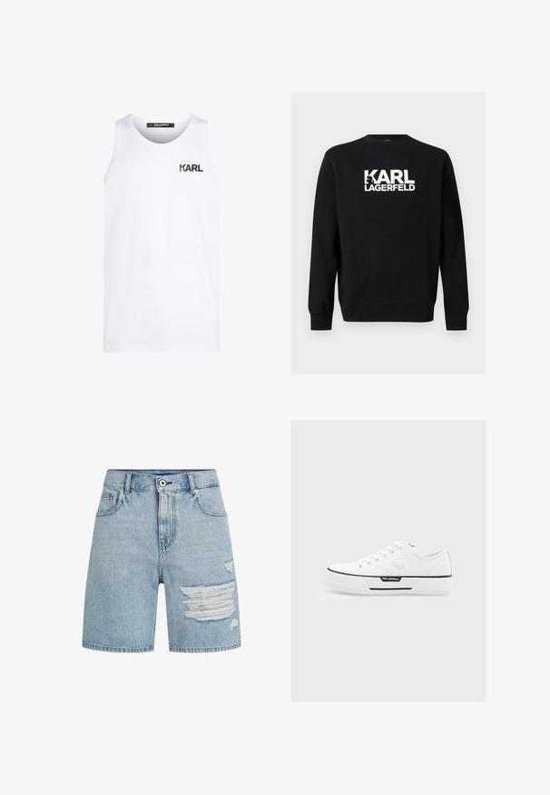 Schwarzer Crewneck-Pullover mit langen Ärmeln und weißem "KARL LAGERFELD" Schriftzug mittig auf der Brust.; Weißes Tanktop aus Baumwolle mit rundem Halsausschnitt. Mit einem schwarzen Logodruck auf der Brust. Einfaches Design und ärmelloser Stil.; Hellblaue Jeans-Shorts mit hoher Taille, versehen mit Used-Effekten und ausgefransten Kanten. Zwei Vordertaschen und ein Reißverschluss.; Weißer Sneaker Low-Top mit Schnürung, dicker Sohle, schwarzem Streifen, Karl Lagerfeld Logo und geprägtem Gesicht an der Seite.