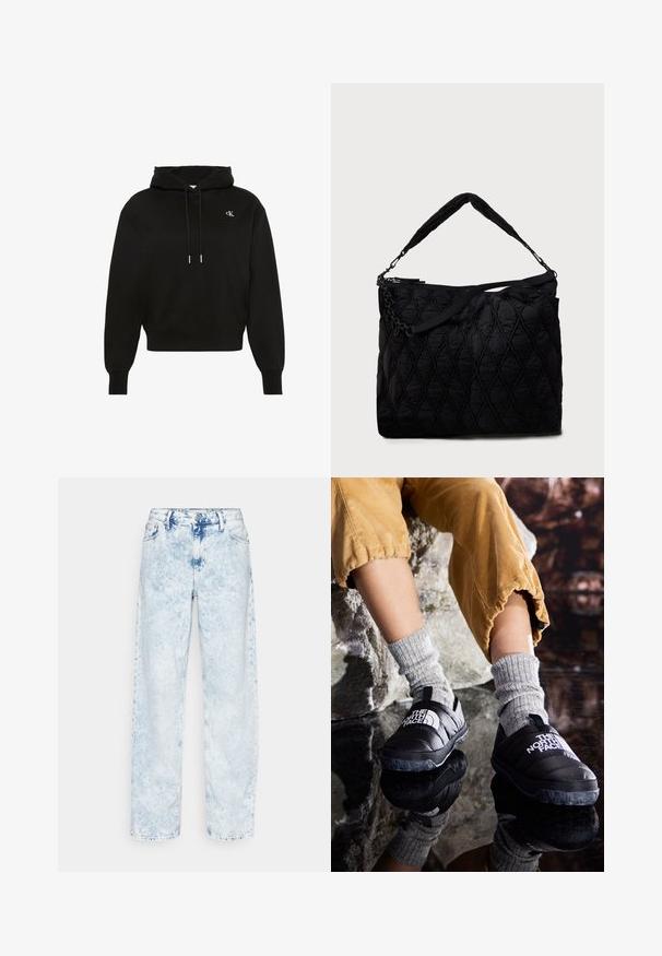 Sort hættetrøje med lange ærmer, snøre, ribstrikkede manchetter, ribstrikket kant og lille hvidt "cK"-logo på venstre bryst.; Calvin Klein Jeans 90'S STRAIGHT - Jeans Straight Leg - denim light; Sorte isolerede slip-on sko med teksturerede såler og hvidt logo, iført med grå strikkede strømper, parret med ribbede sennepsfarvede bukser.; Sort quiltet tote-taske med et tekstureret diamantmønster, udstyret med en kæde- og stofskulderrem. Lynlåslukning øverst.