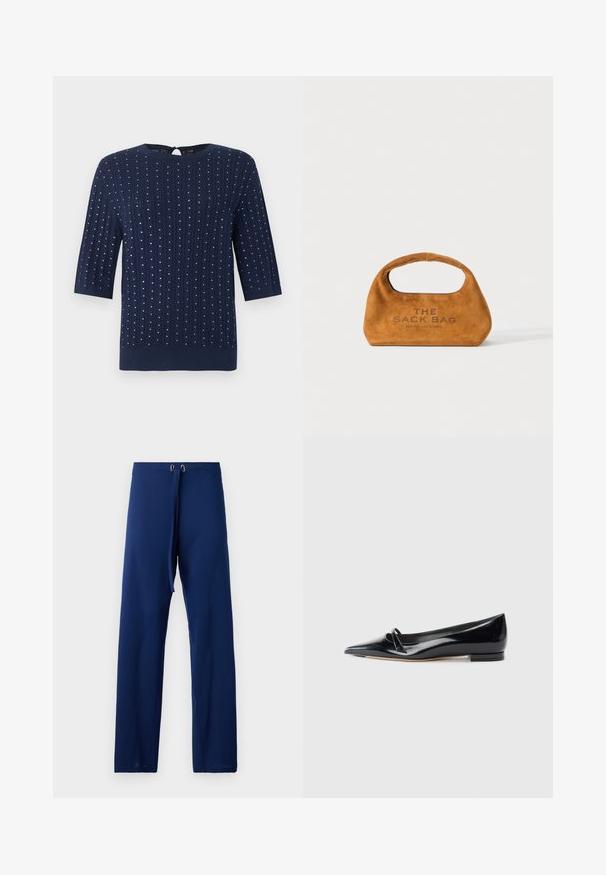 Marineblauwe gebreide top met driekwartmouwen, verticaal kabelpatroon en gelijkmatig verdeelde kleine zilveren studs, ronde halslijn met knooplus aan de achterkant.; Navyblauwe broek met een losse pasvorm, gemaakt van gladde stof. Voorzien van een elastische tailleband met trekkoord en goudkleurige oogjes voor aanpassingen.; Zwarte gepatenteerde leren platte schoen met een puntige neus, een kleine decoratieve band en een lage blokhak. Gladde textuur en strak ontwerp.; Bruine zijden handtas met geïntegreerd handvat en "THE SACK BAG MARC JACOBS" gedrukt op de voorkant, weergegeven op een witte achtergrond.