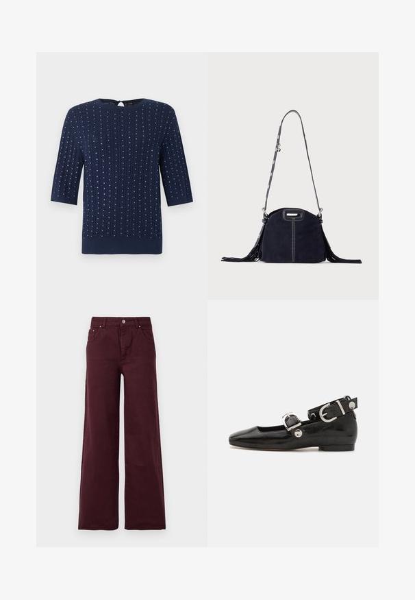 Marineblauwe gebreide top met driekwartmouwen, verticaal kabelpatroon en gelijkmatig verdeelde kleine zilveren studs, ronde halslijn met knooplus aan de achterkant.; Bordeaux wijd-uitlopende jeans met een hoge taille, metalen knoopsluiting, voorzakken en een gladde, iets gestructureerde stof.; Zwarte gepatineerde leren platte schoen met een vierkante neus, enkelband met zilverkleurige hardware en platte zool. Gladde textuur met minimalistisch ontwerp.; Donkerblauwe suède handtas met witte stiksels, een uitgesneden handvat, een patroon schouderriem en lange franjes aan beide zijden.
