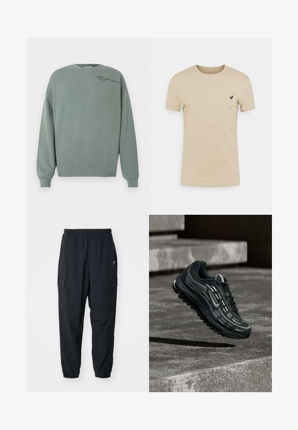Staubgrüner Pullover mit langen Ärmeln und kleinem schwarzem Text auf der oberen linken Brust, der "Carhartt Work In Progress (Detroit) 1989 A.C 313" lautet.; Beige Kurzarm-T-Shirt aus weichem Stoff, mit rundem Ausschnitt und einem kleinen schwarzen Vogel-Logo auf der linken Brustseite.; Schwarze Cargo-Hosen aus leichtem Material mit einem elastischen Bund, Seitentaschen und einer lockeren Passform mit elastischen Bündchen.; Schwarzer und grauer Nike Air Max Sneaker, der über graue Betonstufen mit strukturiertem Bodenhintergrund schwebt.