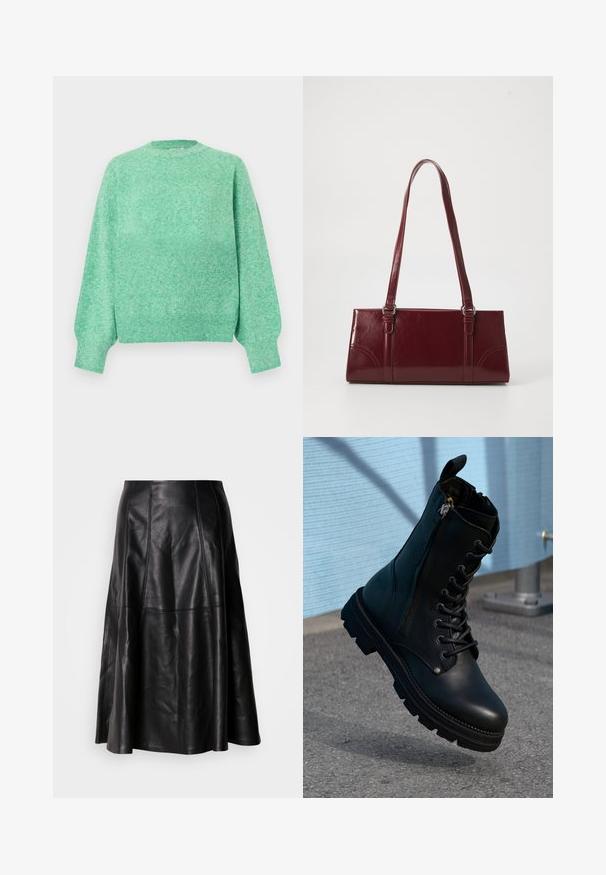 Blød mintgrøn strikket sweater med lange puffede ærmer, ribstrikkede manchetter, rund halsudskæring og ribstrikket kant.; Sort lædernederdel med en flagrende silhuet, der har synlige sømme og en glat tekstur. Mellemlang design med en klassisk snit.; Sorte læder ankel støvler med snørebånd, sidelås, tekstureret overflade og en robust sål med fremtrædende slidbaner.; Bordeaux håndtaske lavet af glansfuldt materiale, rektangulær form, med to skulderremme og subtile buede detaljer på forsiden.