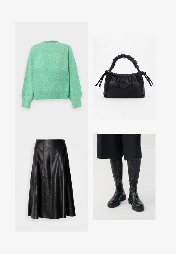 Blød mintgrøn strikket sweater med lange puffede ærmer, ribstrikkede manchetter, rund halsudskæring og ribstrikket kant.; Sort lædernederdel med en flagrende silhuet, der har synlige sømme og en glat tekstur. Mellemlang design med en klassisk snit.; Sorte læder knæhøje støvler med en glat tekstur, kraftige såler og side-lynlåse. Designet har diskrete sømdetaljer.; Sort taske med krokodilletekstur, rynket øverste kant, samlet hank og snore med kvaster på hver side mod en hvid baggrund.