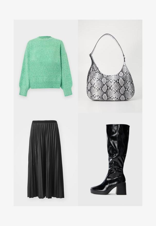 Pull en maille vert menthe doux avec manches longues bouffantes, poignets côtelés, encolure ronde et ourlet côtelé.; Jupe maxi plissée noire avec une texture lisse et une taille élastique, dotée de plis verticaux qui créent du volume et du mouvement.; Botte noire, montée jusqu'au genou, en cuir verni brillant ; dotée d'un talon carré structuré et d'un bout arrondi. Design simpliste et élégant.; Sac à épaule en simili cuir noir et blanc avec imprimé serpent, de forme arrondie, texture lisse et bandoulière incurvée. Présente un accent en matériel argenté.