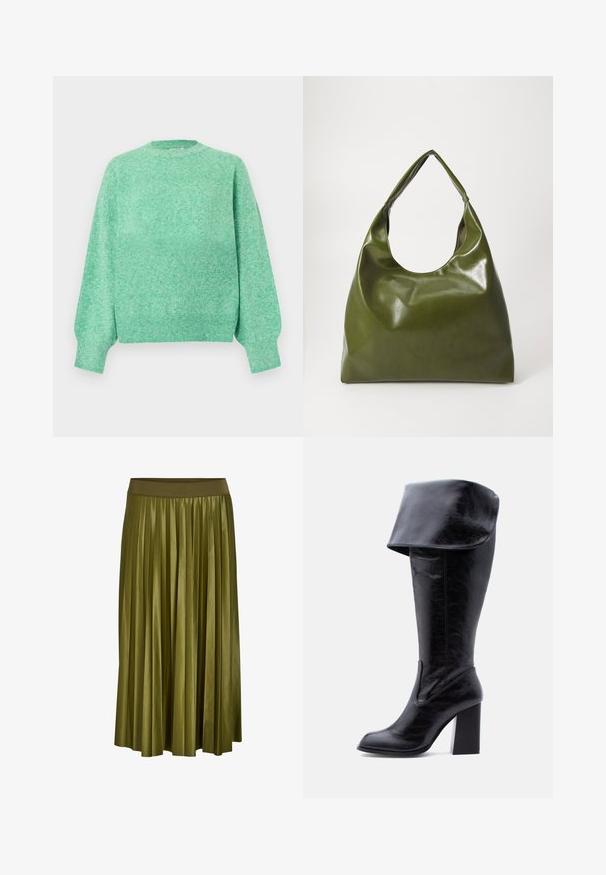 Blød mintgrøn strikket sweater med lange puffede ærmer, ribstrikkede manchetter, rund halsudskæring og ribstrikket kant.; Kaki grøn plisseret midi nederdel med bred elastisk talje og glat stoftekstur.; Høj sort læderstøvle med hæl, foldet kant og rund tå, stående oprejst på en hvid baggrund.; Grøn læder hobo taske med en slouchy design, buet håndtag og glat tekstur. Indeholder ingen synlig hardware eller accenter.
