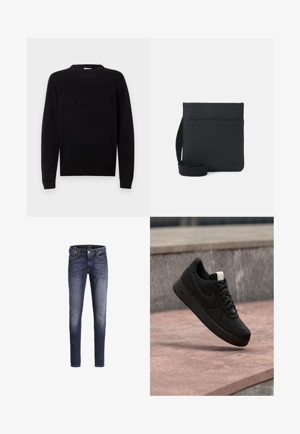 Zwarte gebreide trui met een ronde hals, lange mouwen en geribde manchetten en zoom. Stijlvolle textuur met een minimalistisch ontwerp.; Donkerblauwe slim-fit jeans met lichte vervaging op dijen en knieën, met voorzakken, riemlussen en een knoopsluiting.; Zwarte Nike Air Force 1 sneaker die boven een roze betonnen richel zweeft met een grijze stenen achtergrond, met zij- en bovenzijde details.; Zwarte schoudertas van textuurstof, met een eenvoudig rechthoekig ontwerp, een verstelbare riem en een logo aan de voorkant.