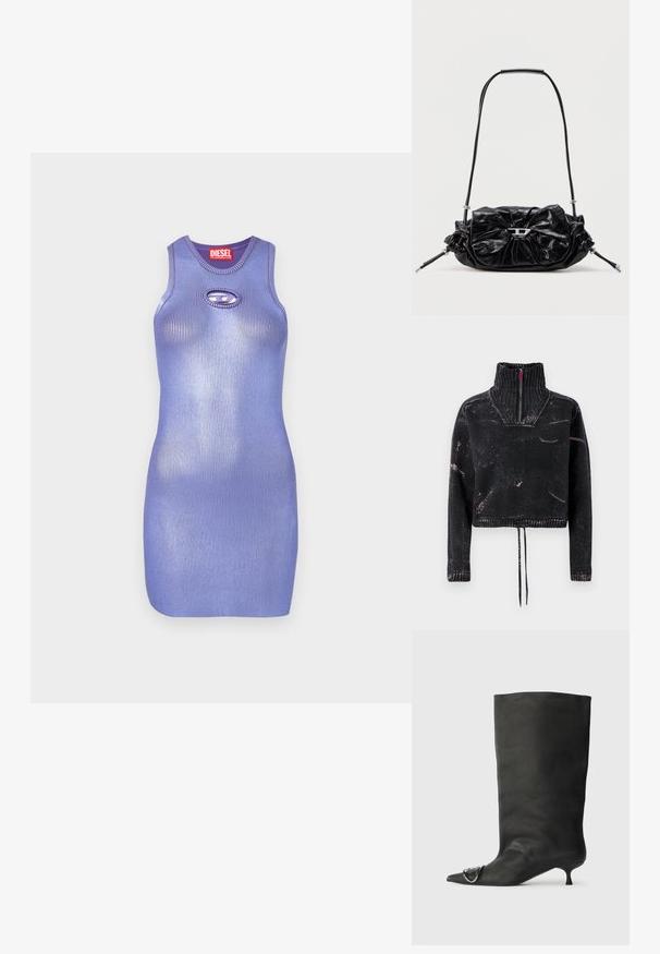 Pull court noir avec un col montant, une fermeture à moitié éclair, un tissu texturé et un motif éclaboussé rose sur le devant et les manches.; Robe en maille côtelée violette avec un col rond et détail de découpe en forme de clé. Design élégant et cintré. Nom de la marque affiché sur l'étiquette.; Bottines en cuir noir à bout pointu, petite talon et détail métallique sur le bout. Texture lisse et mate partout.; Sac à main en cuir noir avec un design froncé et un détail en forme de nœud sur le devant. Dispose d'une poignée courte et d'accents de quincaillerie argentée.
