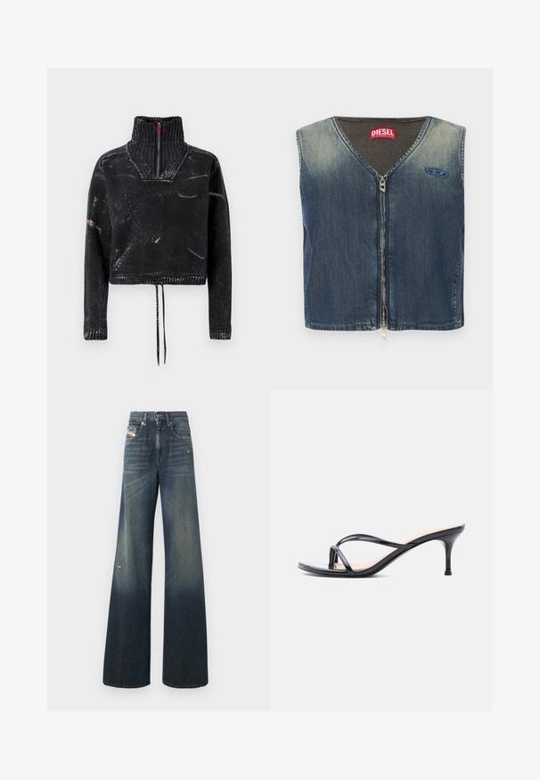 Pull court noir avec un col montant, une fermeture à moitié éclair, un tissu texturé et un motif éclaboussé rose sur le devant et les manches.; Veste en denim avec un col en V et une fermeture éclair à l'avant, avec une texture côtelée au niveau du col, et un patch logo sur le côté gauche.; Jean en denim à jambes larges de couleur bleu foncé avec une finition délavée, présentant un genou usé et un design classique à cinq poches avec une étiquette.; Sandale à talon en cuir verni noir avec fines lanières croisées et talon aiguille moyen et élancé sur fond blanc.