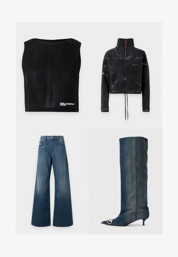 Sort kort trøje med høj krave, halv lynlås, tekstureret stof og pink sprøjt mønster på fronten og ærmerne.; Sort ærmeløs kort top med bådudskæring og hvid "KARL LAGERFELD JEANS" logo nederst til højre.; Vidbenede jeans i mørkeblå denim med en falmet finish, traditionelt design med fem lommer og en metal knaplukning i taljen.; Denim knæhøj støvle med spids tå, sølvfarvet hardware detalje, slank kitten-hæl og en glat, tekstureret finish.