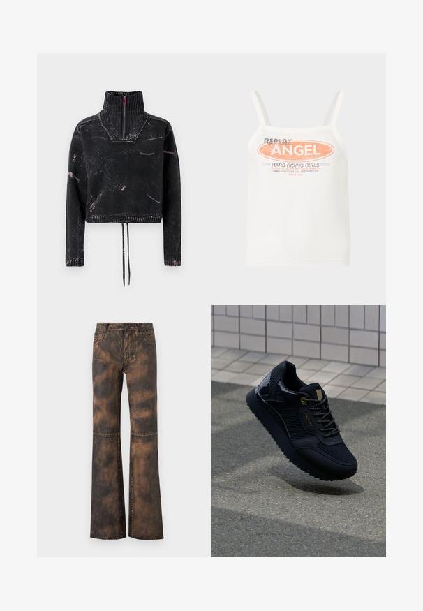 Zwarte cropped trui met een hoge kraag, halve ritssluiting, gestructureerde stof en een roze spetterpatroon op de voorkant en mouwen.; Witte tanktop met spaghetti bandjes en de tekst "Replay Angel" en "Hard Riding Girls" in oranje en zwart aan de voorkant.; Bruine denim flared broek met een vervaagde, getextureerde afwerking. Heeft vijf zakken, riemlussen en een knoopsluiting. Platte naden en wijd been.; Zwarte sneaker met een bovenwerk van mesh, glanzende accenten, gouden hardware, een gestructureerde zool en een gewatteerde kraag voor comfort.