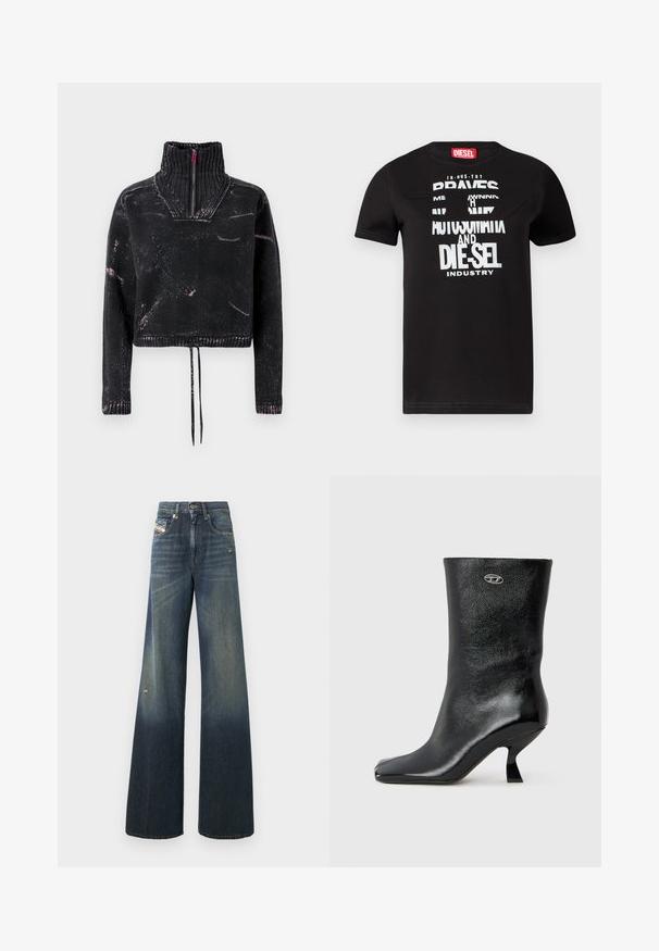Pull court noir avec un col montant, une fermeture à moitié éclair, un tissu texturé et un motif éclaboussé rose sur le devant et les manches.; T-shirt en coton noir avec un design graphique unique, texte blanc "BRAVES", découpe détaillée et étiquette rouge au niveau du col.; Jean en denim à jambes larges de couleur bleu foncé avec une finition délavée, présentant un genou usé et un design classique à cinq poches avec une étiquette.; Bottine en cuir noir avec une finition brillante, un bout carré et un design de talon incurvé unique. Elle présente un petit logo métallique en accent.