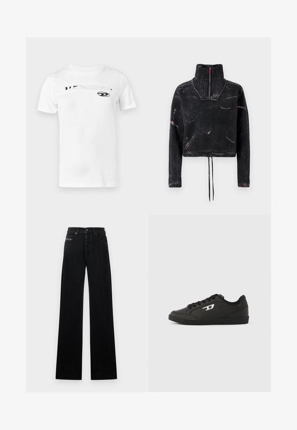 Pull court noir avec un col montant, une fermeture à moitié éclair, un tissu texturé et un motif éclaboussé rose sur le devant et les manches.; T-shirt en coton blanc avec un motif imprimé noir sur la poitrine, comprenant un dessin d'œil abstrait et un élément de texte en caractères gras. Manches courtes.; Jean noir à jambes larges en denim, avec une fermeture frontale à boutons, cinq poches, et un petit patch logo sur la ceinture.; Baskets noires en matériau synthétique lisse, avec un design à basse coupe, un bout rond, une fermeture à lacets sur le devant et un détail discret de logo sur le côté.