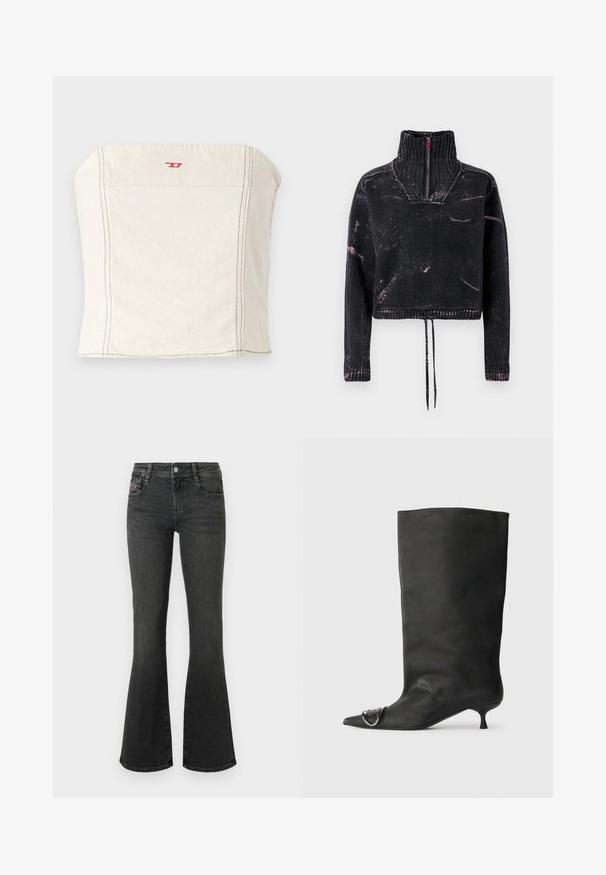 Pull court noir avec un col montant, une fermeture à moitié éclair, un tissu texturé et un motif éclaboussé rose sur le devant et les manches.; Haut court ajusté beige clair en coton, avec une encolure droite, des détails de couture minimalistes et un petit logo rouge à l'avant.; Jean en denim noir à coupe évasée, avec une taille mi-haute, un design à cinq poches et des détails de couture sur les poches. Texture lisse avec un léger éclat.; Bottines en cuir noir à bout pointu, petite talon et détail métallique sur le bout. Texture lisse et mate partout.