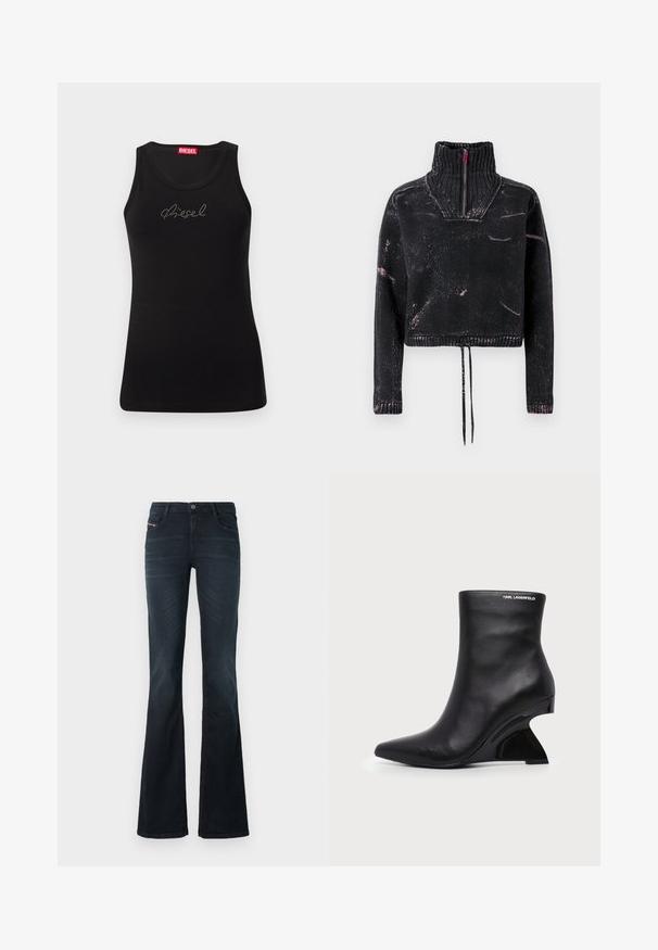 Pull court noir avec un col montant, une fermeture à moitié éclair, un tissu texturé et un motif éclaboussé rose sur le devant et les manches.; Débardeur noir sans manches avec logo "Diesel" en strass sur la poitrine et étiquette de marque rouge à l'intérieur de l'encolure.; Jean évasé en denim foncé avec une texture lisse, design à cinq poches et fermeture à bouton à la taille. Présente des détails de couture subtils.; Bottine en cuir noir avec talon sculpté incurvé et logo Karl Lagerfeld près du bord supérieur sur fond blanc.