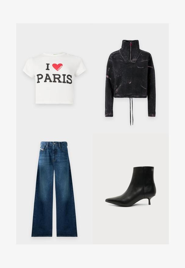 Pull court noir avec un col montant, une fermeture à moitié éclair, un tissu texturé et un motif éclaboussé rose sur le devant et les manches.; T-shirt court en coton blanc à manches courtes, avec un texte noir audacieux disant "J'AIME PARIS" et un cœur rouge, avec le mot "FUTURE" en rouge.; Jean en denim large à la coupe décontractée, dans un lavage foncé. Doté d'un design classique à cinq poches, avec fermeture à bouton et légère décoloration sur les cuisses.; Bottine en cuir noir avec bout pointu et petit talon kitten sur fond clair, vue côté extérieur.