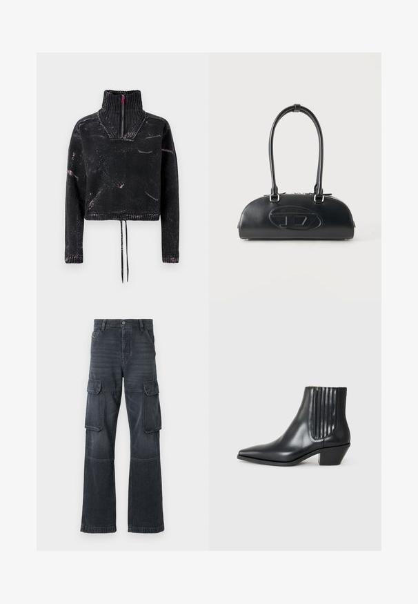 Sort kort trøje med høj krave, halv lynlås, tekstureret stof og pink sprøjt mønster på fronten og ærmerne.; Mørkegrå cargo bukser lavet af denim, med to sidelommer og en bred ben design. Syede detaljer langs sømme og kanter.; Sorte læder ankelstøvle med spids tå, elastiske sidepaneler med lodrette riller og en lav blokhæl. Glat tekstur og slankt design.; Sort læderhåndtaske med lange dobbelte håndtag og præget ovalt logo foran, vist mod en ensartet lys baggrund.