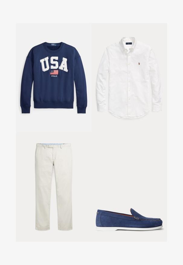 Marineblaues Sweatshirt mit dem weißen Schriftzug "USA", versehen mit einer kleinen amerikanischen Flagge und darunter dem Schriftzug "POLO". Gerippte Bündchen und Saum. Weiche Baumwollmischung.; Weißes, langärmliges Hemd mit Knopfleiste und Kragen sowie kleinem, gesticktem Logo auf der linken Brust, flach auf einem einfarbigen Hintergrund liegend.; Cremefarbene gerade geschnittene Hosen mit Gürtelschlaufen und verdecktem vorne liegenden Verschluss auf einfarbigem Hintergrund.; Blauer Wildleder-Slipper mit weißer Sohle und beiger Naht am oberen Rand, dargestellt vor einem schlichten weißen Hintergrund.