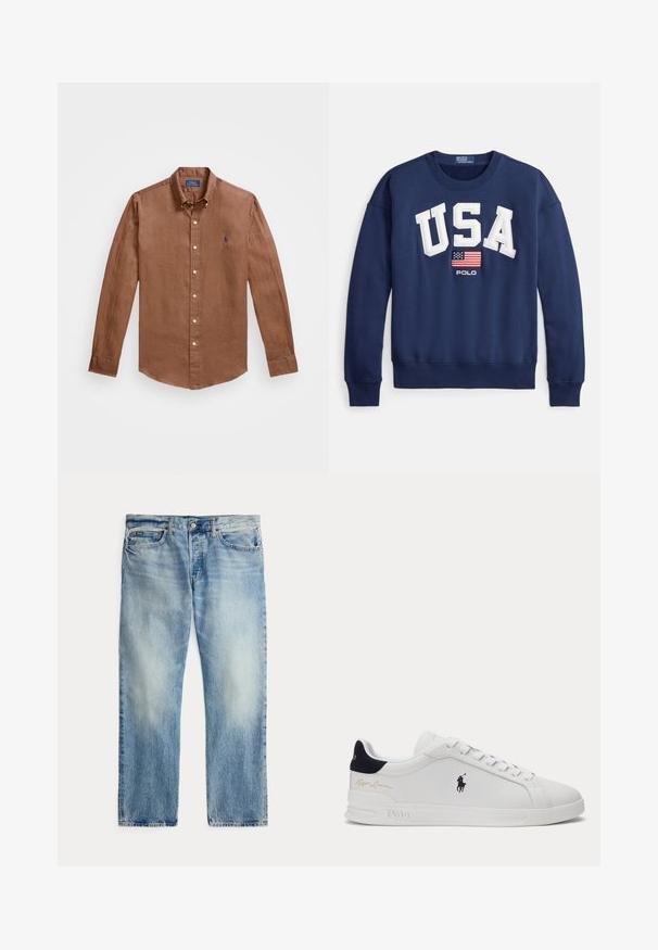 Mørkeblå sweatshirt med "USA" i hvide bogstaver, med et lille amerikansk flag og "POLO" nedenunder. Ribkant ved ærmer og kant. Blød bomuldsblanding.; Brun langærmet skjorte med knapper lavet af linned, med klassisk krave, frontknapper og et lille blåt logo på brystet.; Lysblå denim jeans med lige ben, forlommer og knaplukning, lagt fladt på en hvid baggrund.; Hvid lavtstående sneaker med sort polo-spiller logo på siden, navy hælklap, hvide snørebånd og "Ralph Lauren" guldsignatur nær hælen