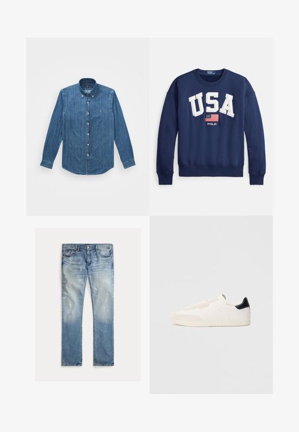 Marineblaues Sweatshirt mit dem weißen Schriftzug "USA", versehen mit einer kleinen amerikanischen Flagge und darunter dem Schriftzug "POLO". Gerippte Bündchen und Saum. Weiche Baumwollmischung.; Denimhemd mit langen Ärmeln, Button-Down-Kragen und einem dezenten vertikalen Streifenmuster in einem mittelblauen Farbton mit einem Logo-Akzent.; Helle blaue Denim-Jeans mit einem verblichenen Waschlook, abgeriebenen Details, Farbspritzern, traditionellem fünf-Taschen-Design und geradem Bein.; Weiße Ledersneaker mit Wildlederakzenten, schwarzem Fersenlasche, Schnürdesign, perforierten Details und dezentem Branding an der Seite.