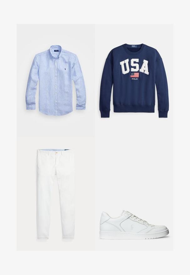 Sweat-shirt bleu marine avec "USA" en lettres blanches, arborant un petit drapeau américain et "POLO" en dessous. Poignets et ourlet côtelés. Mélange de coton doux.; Chemise à rayures bleues et blanches à manches longues en coton, dotée d'un col boutonné, de boutons sur le devant et d'un petit logo brodé sur la poitrine.; Chinos en coton blanc coupe slim, dotés d'une fermeture à un bouton doré et d'une ceinture intérieure bleu clair. Texture lisse sans motifs.; Baskets en cuir blanc avec une texture lisse, présentant un bout perforé, un système de laçage et un logo brodé sur le côté. Semelle en caoutchouc blanc.