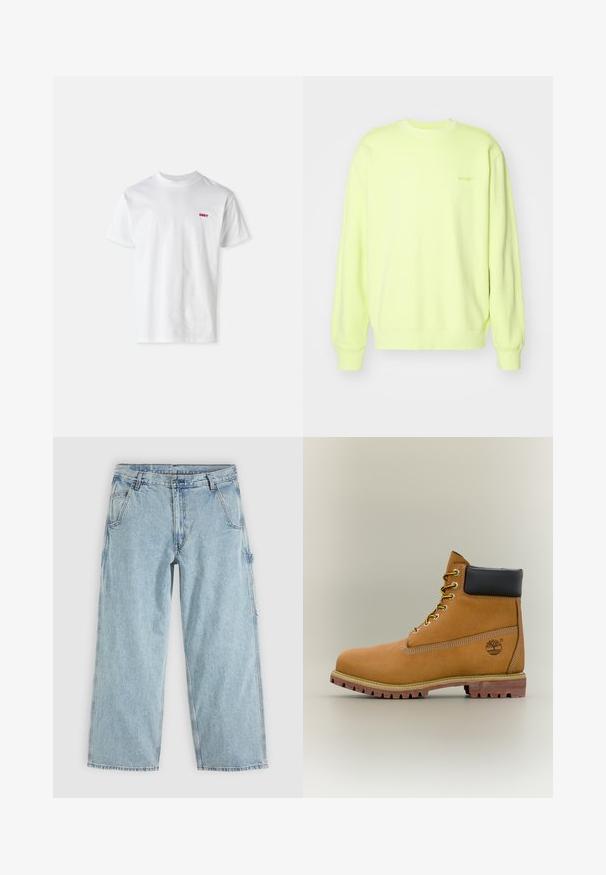 Sudadera amarilla brillante hecha de tela suave, con cuello redondo, mangas largas y puños acanalados. Logo sutil en la parte delantera.; Camiseta blanca de algodón con cuello redondo y mangas cortas, con un pequeño logo rojo "OBEY" en el lado izquierdo del pecho.; Vaqueros de mezclilla azul claro con pierna recta, bolsillos delanteros, trabillas para cinturón, cierre de botones y un lazo lateral para herramientas.; Bota de tobillo de cuero marrón con cuello negro, cordones amarillos y suela beige. Presenta un logotipo y detalles de costura blanca. Suela exterior con tracción robusta.