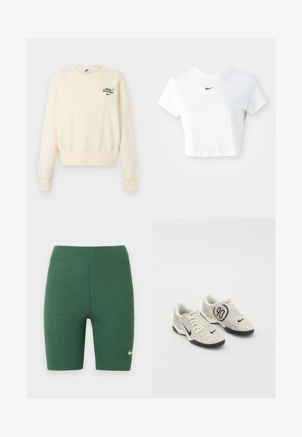Kremfarvet Nike-sweatshirt med lange ærmer og grøn "Nike Summer" tekst samt solgrafik på venstre bryst.; Hvid kortærmet t-shirt lavet af bomuld, med korte ærmer og rund halsudskæring, og med et sort Nike-logo på brystet.; Grønne atletikshorts lavet af stretchstof. Højtaljet design med flade syninger og en hvid Nike-logo på nederste venstre ben.; Nike sneakers med en beige og grå tekstureret overdel, sorte accenter, et stort "90" logo og en hvid snørebåndslukning. Sort sål.