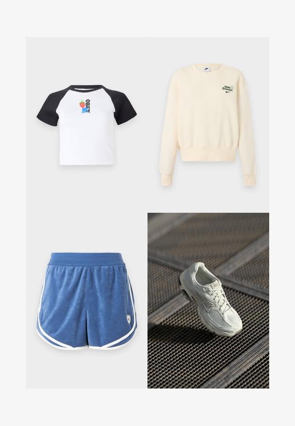 Kermansävyinen Nike-collegepaita, jossa on pitkät hihat ja vihreä "Nike Summer" -teksti sekä auringon grafiikka vasemmassa rinnassa.; Lyhythihainen t-paita, jossa on valkoinen vartalo ja mustat raglan-hihat. Sisältää mansikka- ja sinisen käden graafiset elementit sekä "OBEY" -tekstin mustana.; Siniset froteiset urheilushortsit, joissa on joustava vyötärönauha ja valkoiset reunukset reunoilla ja sivuilla.; Valkoinen Nike-juoksukenkä, jossa on verkko- ja synteettinen päällinen, lepää metalliverkko lattialla pehmeässä luonnonvalossa.