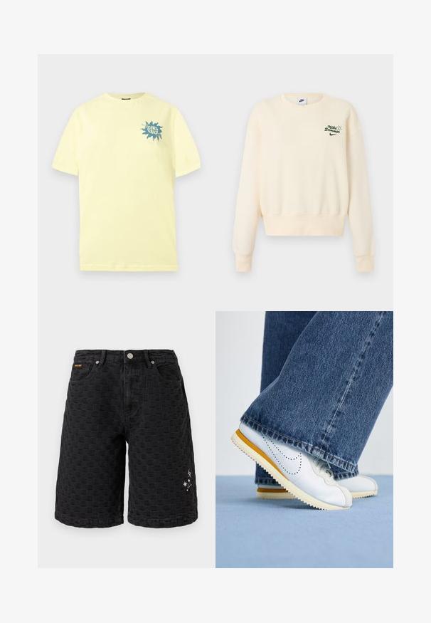 Φόρμα Nike σε κρεμ χρώμα με μακριά μανίκια και πράσινο κείμενο "Nike Summer" με γραφικό ήλιο στην αριστερή πλευρά του στήθους.; Ανοιχτό κίτρινο κοντομάνικο μπλουζάκι με μικρό μπλε γραφικό ήλιου και το κείμενο "Santa Cruz" στο πάνω αριστερό μέρος του στήθους.; Μαύρα κοντά σορτς μέχρι το γόνατο με υφασμένο καρό σχέδιο, κουμπί μπροστά, τσέπες και μικρά λευκά αστέρια και λαμπερά σχέδια στο δεξί πόδι.; Λευκά δερμάτινα sneakers με κίτρινες λεπτομέρειες, στρογγυλή μύτη και υφή στην καουτσούκ σόλα, σε συνδυασμό με σκούρες μπλε τζιν παντελόνες καμπάνα.