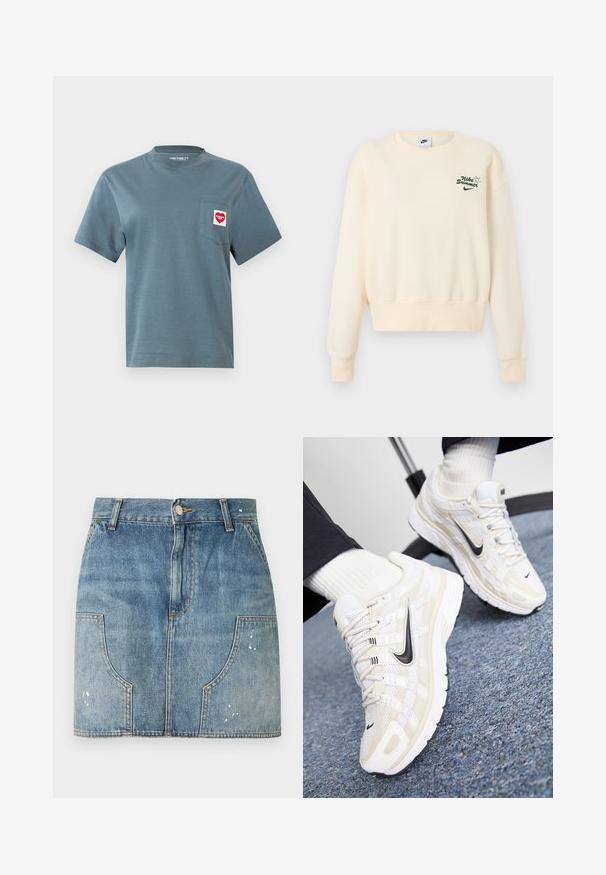 Φόρμα Nike σε κρεμ χρώμα με μακριά μανίκια και πράσινο κείμενο "Nike Summer" με γραφικό ήλιο στην αριστερή πλευρά του στήθους.; Μπλε T-shirt με κοντό μανίκι και στρογγυλή λαιμόκοψη, με τσέπη στο αριστερό μέρος του στήθους που φέρει το κόκκινο και λευκό λογότυπο Carhartt WIP σε σχήμα καρδιάς.; Τζιν μίνι φούστα με μπροστινά κουμπιά, θηλιές για ζώνη, κυρτές μπροστινές τσέπες και ελαφρώς φθαρμένες λεπτομέρειες στις τσέπες και στο τελείωμα.; Λευκά και μπεζ Nike αθλητικά παπούτσια με πλέγμα στην επάνω πλευρά, ανάγλυφη επικάλυψη, μαύρο σήμα swoosh και μαλακή σόλα με αντιολισθητική επιφάνεια.