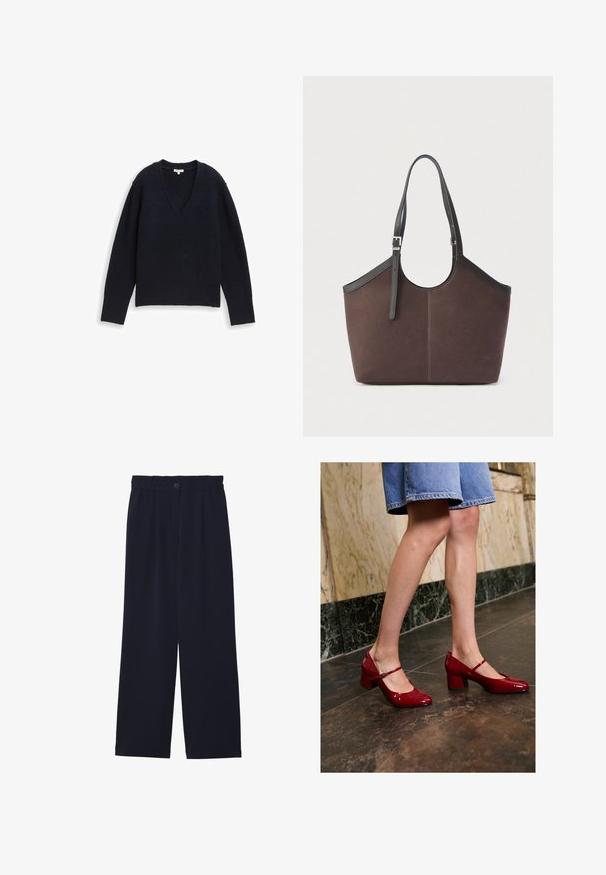 Mørkeblå sweater med V-hals, lange ærmer og ribbet kant. Lavet af blødt, struktureret stof.; Marineblå brede bukser med en glat tekstur, elastisk talje, enkel frontfold og en knaplukning i taljen.; Person iført skinnende røde Mary Jane blokhæle og nederdel i blå denim, som står på en mørk flisebelagt gulv nær en marmormur.; Brun tote-taske med sorte justerbare skulderstropper og sølvspænde, glat tekstur, enkelt og struktureret design på en ensfarvet baggrund.