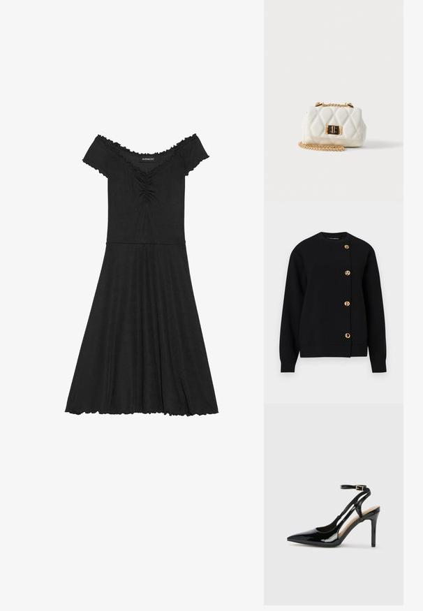 Sweatshirt noir en tissu doux, avec un col rond, des manches longues et des boutons logotés dorés le long du devant.; Robe noire dénudée des épaules en tissu côtelé, avec un corsage ajusté, une jupe évasée et des détails festonnés au niveau de l'encolure.; Escarpin en cuir verni noir à talon haut, avec un bout pointu, une bride réglable à la cheville et des côtés ouverts. Texture lisse.; Petit sac à main en cuir blanc matelassé avec bandoulière chaîne dorée et fermoir rectangulaire doré à fermeture tournante sur fond uni.