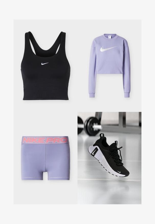 Světle fialová krátká mikina z měkké látky s velkým stříbrným logem Nike na přední straně a žebrovanými manžetami.; Černá sportovní podprsenka Nike s širokými ramínky a bílým logem Nike Swoosh uprostřed na přední straně.; Fialové sportovní šortky s širokým elastickým páskem Nike Pro v růžové barvě. Hladká, lehká látka s přiléhavým střihem a bez výrazných textur.; Černá atletická bota s texturovaným svrchním materiálem z látky, bílou podrážkou a výrazným šněrovacím systémem. Obsahuje logo Nike a měkký, polstrovaný design.