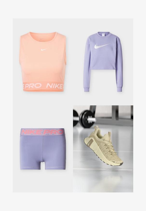 Lyse lilla kort sweatshirt lavet af blødt stof med en stor sølvfarvet Nike-logo på forsiden og ribstrikkede manchetter.; Sports crop top fra Nike Pro i ferskenfarve med ærmeløs design, rund halsudskæring, hvid Nike swoosh-logo midt for og branded elastikkant.; Lilla atletikshorts med en bred Nike Pro elastisk linning i pink. Glat, letvægtsstof med en tætsiddende pasform og uden tydelige teksturer.; Beige sportsko med tekstureret overdel, bred sål og brune accenter. Har snørebåndsdesign og et fremtrædende mærkelogo.