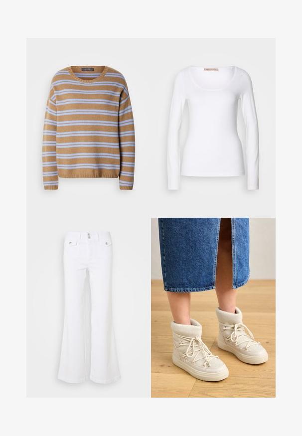 Mos Mosh TWO STRIPE - Pullover - true camel; T-shirt en coton blanc à manches longues, avec un col rond et une coupe ajustée, au toucher doux et sans ornement.; Jean flare blancs en denim, avec une taille haute, deux poches avant et des boutons en métal argenté sur un fond uni.; Bottes beiges à la cheville avec un doux revers en tricot et des lacets blancs. La semelle est épaisse et texturée, associée à une jupe en denim bleu.