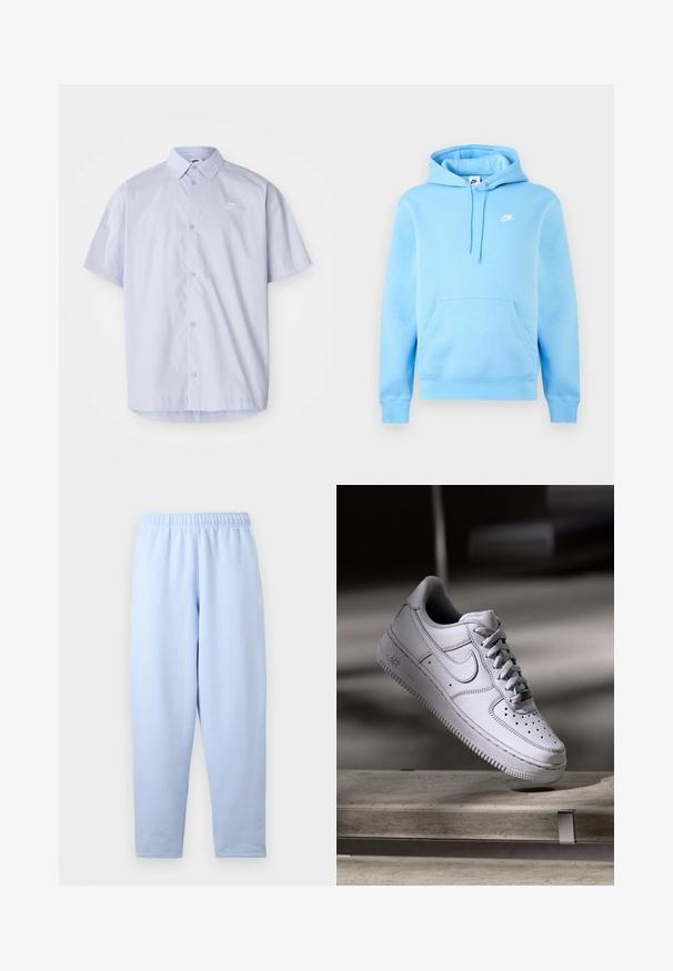Lichtblauwe Nike hoodie met voorzak, verstelbare trekkoordkap en klein wit Nike-logo op de borst tegen een effen achtergrond.; Lichtblauw overhemd met korte mouwen, gemaakt van gladde stof, met een knoopsluiting en een klein wit Nike-logo op de borst.; Lichtblauwe, recht gesneden sweatpants met elastische tailleband, subtiel logo aan de zijkant, zonder zichtbare zakken of extra details.; Witte Nike Air Force 1 sneaker van leer met geperforeerde neus, platte veters en een gestructureerde rubberen zool met "AIR"-logo aan de zijkant.