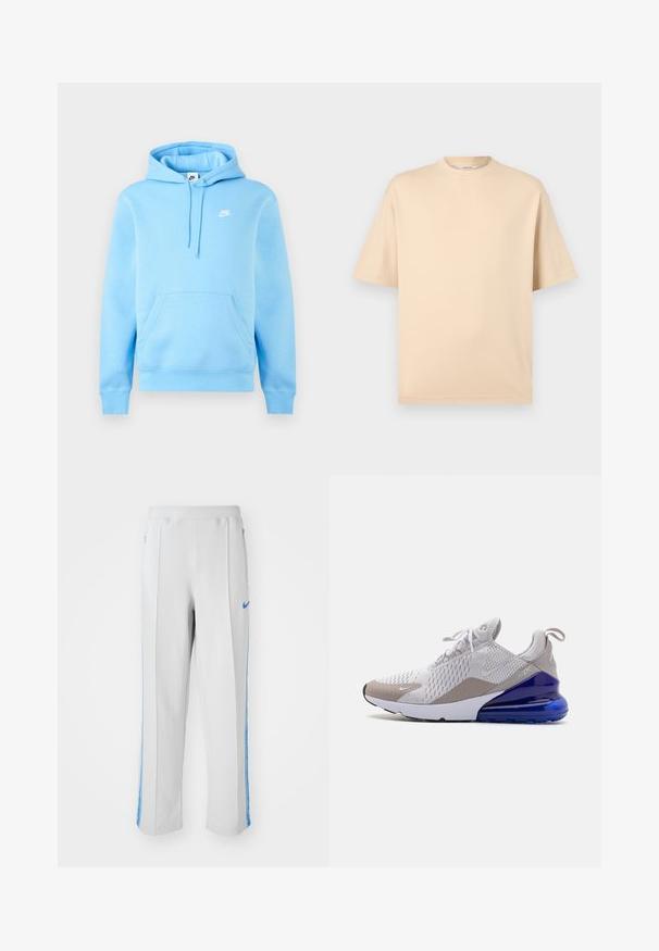 Lichtblauwe Nike hoodie met voorzak, verstelbare trekkoordkap en klein wit Nike-logo op de borst tegen een effen achtergrond.; Beige oversized T-shirt met korte mouwen en ronde hals, met minimale stiksels, op een lichtgrijze achtergrond.; Lichtgrijze sportbroek met blauwe zijstrepen, met een relaxte pasvorm, elastische tailleband en ritszakken. Nike-logo aan de voorkant.; Nike Air Max 270 sneaker in grijs en wit met een bovenwerk van mesh, textuuraccenten, paarse luchtunit en vetersluiting.