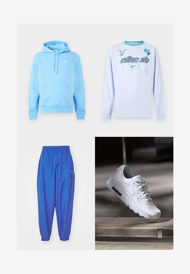 Hele sinine Nike kapuutsiga dressipluus esitasku, reguleeritava nööriga kapuutsiga ja väikese valge Nike logoga rinnal, ühtlase tausta ees.; Helehall sinise pikkade varrukatega särk türkiissiniste kaelariba ja graafilise tekstiga "nike sb EST. 2002", Nike logo, linnupilt ja neljaikooniline vapimärk rinnal.; Sinised spordipüksid, mis on valmistatud kergest kangast, elastse vöökoha, kinnitatud ääride ja valgete külgribadega.; Valged Nike Air Max 90 sneakers, millel on võrkkangast ja nahast ülemine osa, aukudega varbadosa ning nähtav õhuüksus kandades.