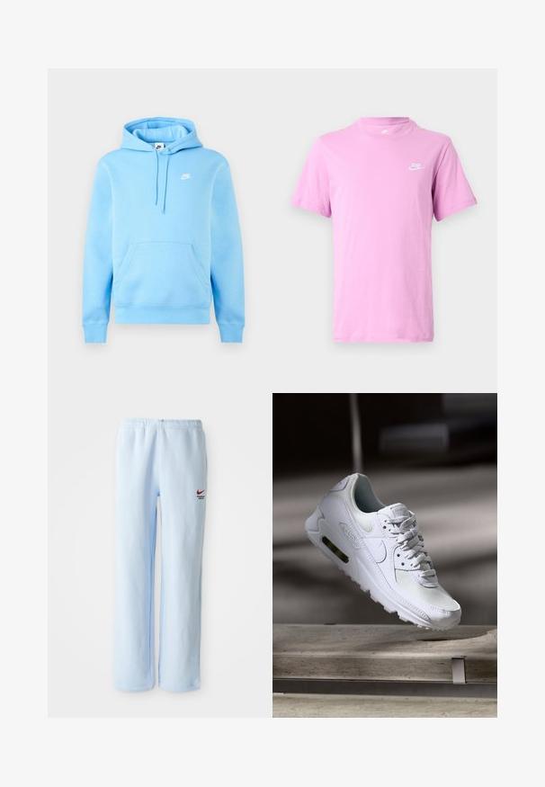 Vaaleansininen Nike-huppari etutaskulla, säädettävällä kiristysnauhalla hupussa ja pienellä valkoisella Nike-logolla rinnassa, yksivärisen taustan edessä.; Vaaleanvioletti Nike-paita lyhyillä hihoilla ja pyöreällä pääntiellä, jossa vasemman rinnan kohdalla pieni valkoinen Nike-logo valkoista taustaa vasten.; Vaaleansiniset verkkarit, joissa on elastinen vyötärö, pieni punainen Nike-logo ja "Athletic Department" -teksti. Pehmeää puuvillamateriaalia.; Valkoiset Nike Air Max 90 -lenkkarit, joissa on verkko- ja nahkapinta, rei'itetty kärki ja näkyvä ilmayksikkö kantapäässä.