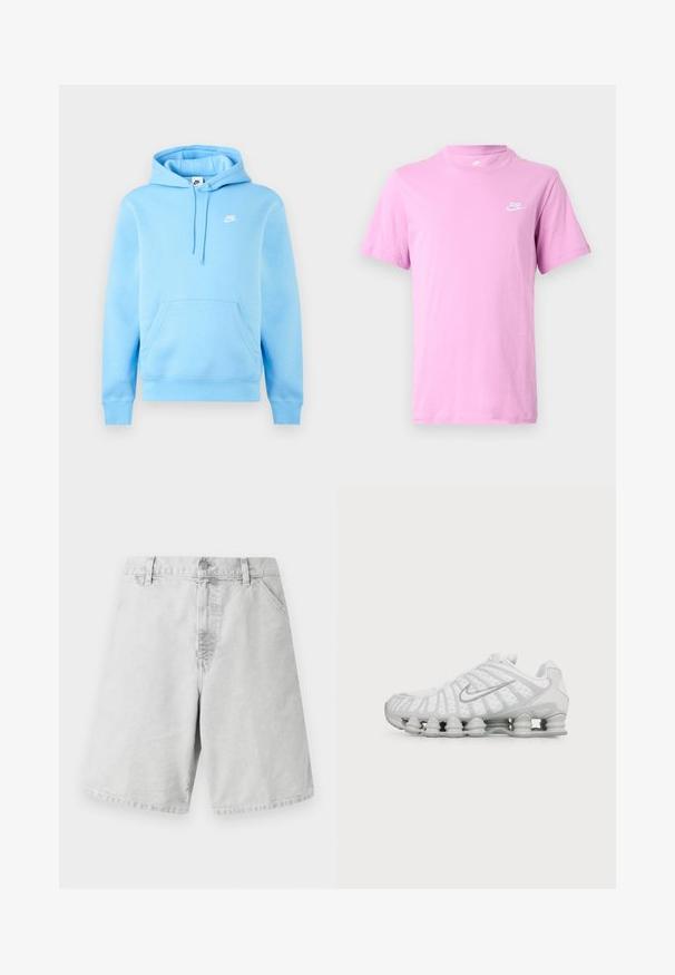 Lyseblå Nike hættetrøje med frontlomme, justerbar snøretrækshætte og lille hvid Nike-logo på brystet mod en ensfarvet baggrund.; Lyse lilla Nike T-shirt med korte ærmer, rund halsudskæring og lille hvid Nike-logo på venstre bryst mod hvid baggrund.; Lys grå bomuldsshorts med klassisk pasform, der har lynlås, bæltestropper og sidelommer. Glat tekstur med enkelt design.; Hvid Nike sneaker med karakteristisk bølget design og fjederlignende polstring under sålen, set fra siden på en ensfarvet baggrund.