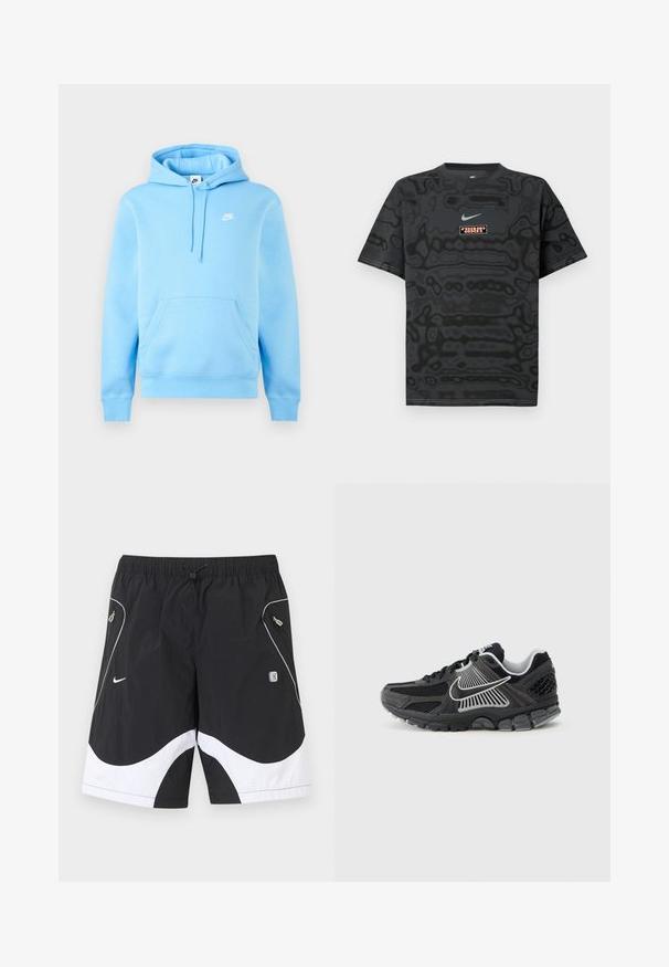 Sweat à capuche Nike bleu clair avec poche avant, capuche à cordon réglable et petit logo Nike blanc sur la poitrine sur un fond uni.; T-shirt noir avec un motif texturé, arborant un petit logo Nike en bleu clair et un écusson rectangulaire aux couleurs contrastantes.; Shorts de sport Nike noir et blanc avec taille élastique, cordon de serrage, poches latérales zippées et garniture réfléchissante sur les panneaux avant.; Chaussure de sport noire avec panneaux en mesh et accents synthétiques. Caractérisée par un bout arrondi, une semelle épaisse et rembourrée, et des détails de logo blancs contrastants.