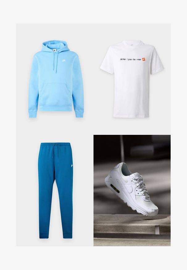 Hele sinine Nike kapuutsiga dressipluus esitasku, reguleeritava nööriga kapuutsiga ja väikese valge Nike logoga rinnal, ühtlase tausta ees.; Valge lühikeste varrukatega T-särk, millel on halli ja mereväe sinise värvi tekst "Nike Sportswear" ning oranž Nike logo rinnal.; Sinised dressipüksid elastse vöökohtaga ja reguleeritava stringiga. Tootel on valge logo reiele ja kitsenevad mansetid pahkluude juures.; Valged Nike Air Max 90 sneakers, millel on võrkkangast ja nahast ülemine osa, aukudega varbadosa ning nähtav õhuüksus kandades.