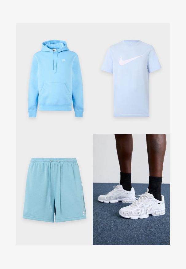 Sudadera con capucha Nike azul claro con bolsillo frontal, capucha ajustable con cordón y pequeño logo blanco de Nike en el pecho sobre un fondo liso.; Camiseta de manga corta color azul claro con un gran logo blanco de Nike Swoosh centrado en el frente sobre un fondo liso.; Shorts deportivos azul claro hechos de una tela suave, con una cinturilla elástica con cordón y un logo blanco en el lado inferior izquierdo.; Zapatillas deportivas blancas con parte superior de malla, acentos texturizados y suela acolchada. Combinadas con calcetines cortos de canalé negros sobre una superficie de moqueta azul.