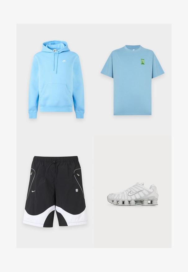 Sudadera con capucha Nike azul claro con bolsillo frontal, capucha ajustable con cordón y pequeño logo blanco de Nike en el pecho sobre un fondo liso.; Camiseta de algodón azul claro con cuello redondo y mangas cortas, con un parche de logo de dibujo animado verde en el pecho izquierdo.; Pantalones cortos deportivos Nike en blanco y negro con cintura elástica, cordón ajustable, bolsillos laterales con cremallera y detalles reflectantes en los paneles frontales.; Zapatilla blanca Nike con diseño ondulado distintivo y amortiguación tipo resorte en la suela, vista de lado sobre un fondo liso.