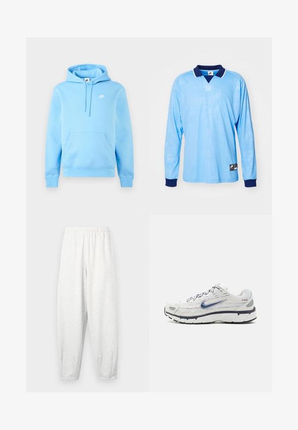 Lichtblauwe Nike hoodie met voorzak, verstelbare trekkoordkap en klein wit Nike-logo op de borst tegen een effen achtergrond.; Lichtblauwe longsleeve polo met marineblauwe kraag en manchetten, voorzien van een subtiel all-over patroon en Nike-logo op de onderrand.; Lichtgrijze sweatpants gemaakt van zachte stof, met een elastische tailleband, taps tolopende benen en enkelmanchetten. Eenvoudig ontwerp zonder patronen.; Nike Sportswear P 6000 - Sneakers laag - phantom/obsidian/summit white/white/black/metallic silver