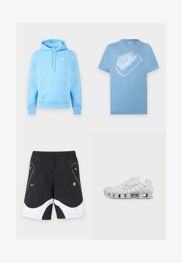 Sweat à capuche Nike bleu clair avec poche avant, capuche à cordon réglable et petit logo Nike blanc sur la poitrine sur un fond uni.; T-shirt Nike bleu clair à manches courtes avec un grand logo Nike blanc stylisé et un graphique swoosh sur la poitrine.; Shorts de sport Nike noir et blanc avec taille élastique, cordon de serrage, poches latérales zippées et garniture réfléchissante sur les panneaux avant.; Chaussure de running blanche Nike avec semelle à coussin d’air visible et logo swoosh argenté sur le côté, vue de l'extérieur.